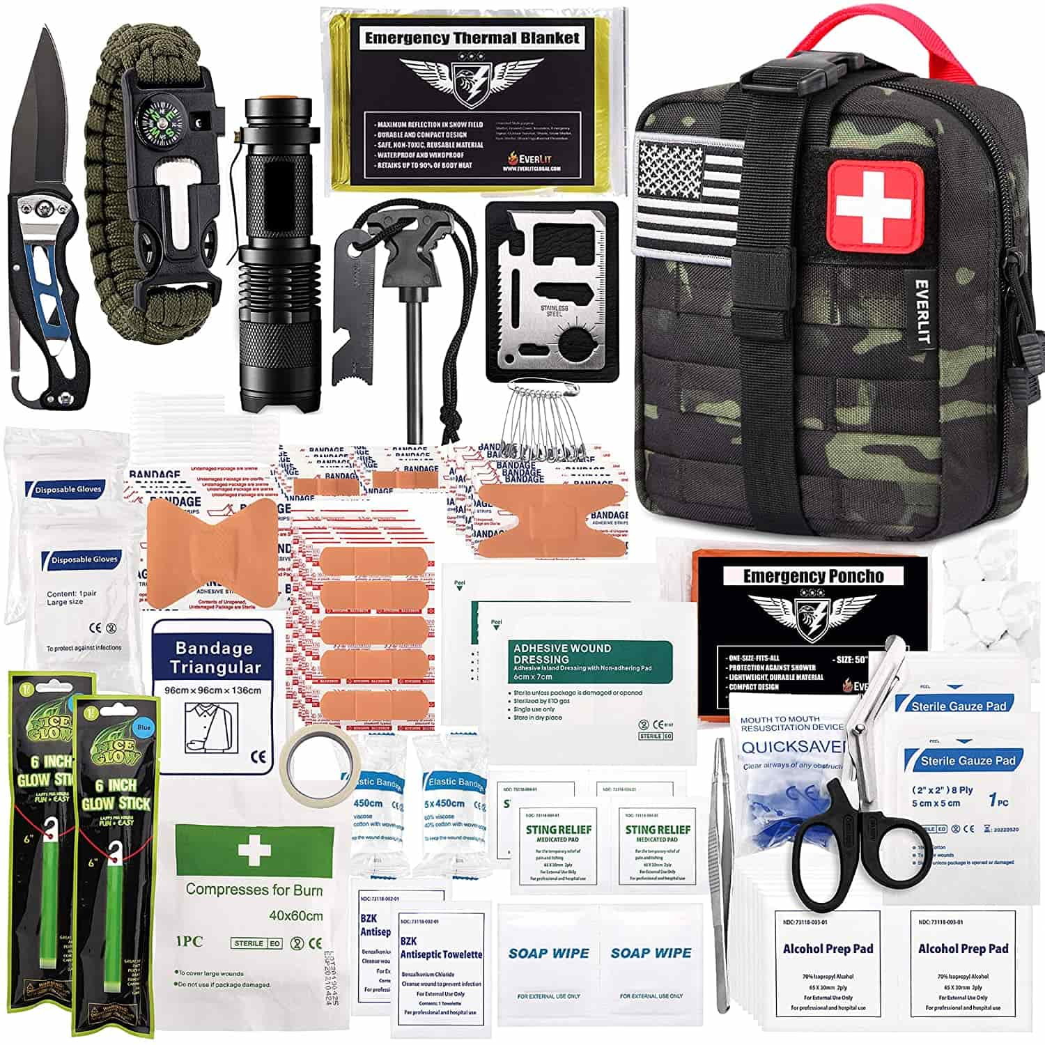 První pomoc Black Camo Survival Kit obsahuje Obsahuje 250 dílnou lékárničku