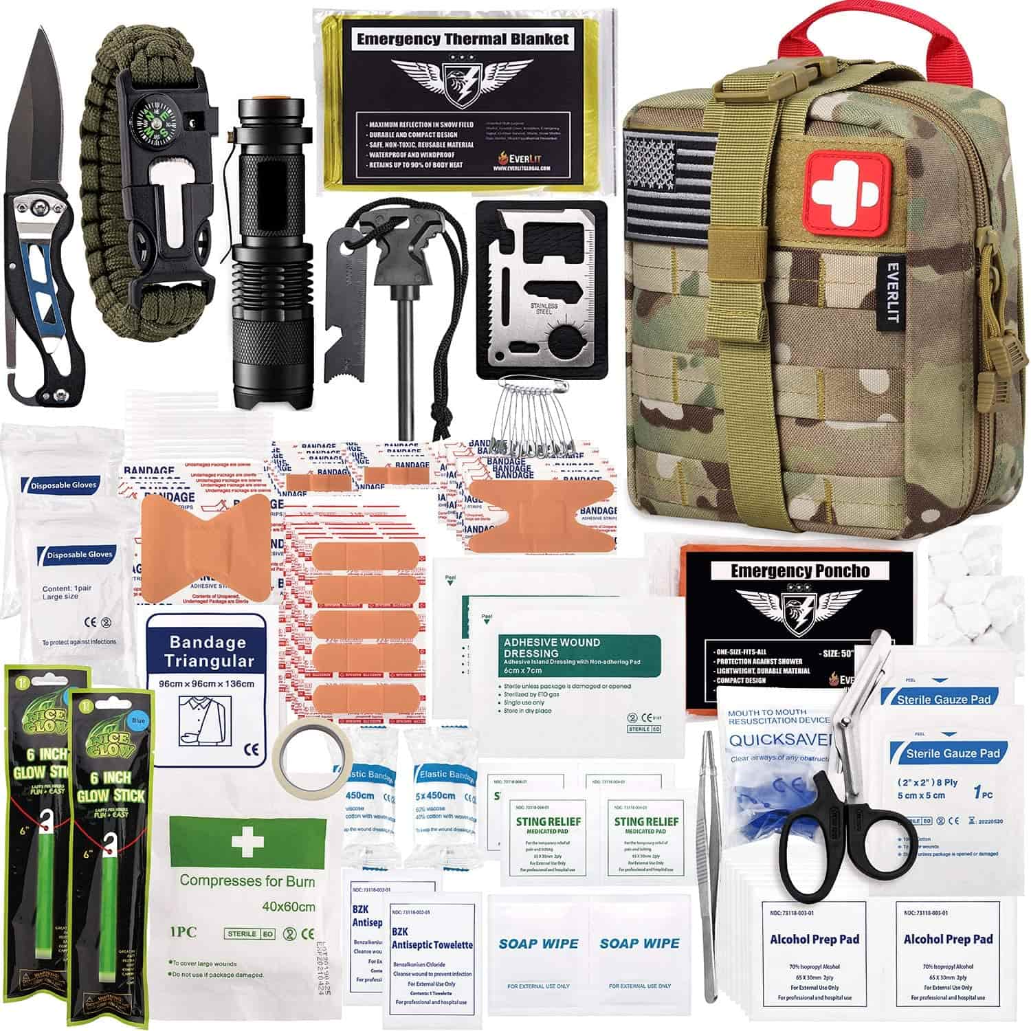 Camo Survival First Aid Kit obsahuje Obsahuje 250 dílnou lékárničku